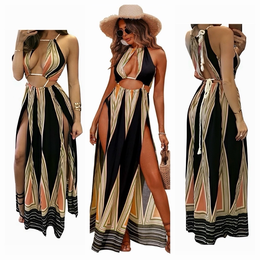 BIUBIU Boho Cut Out Halter Maxi Dress Coverup XL Resortwear Festival Earthy Sexy